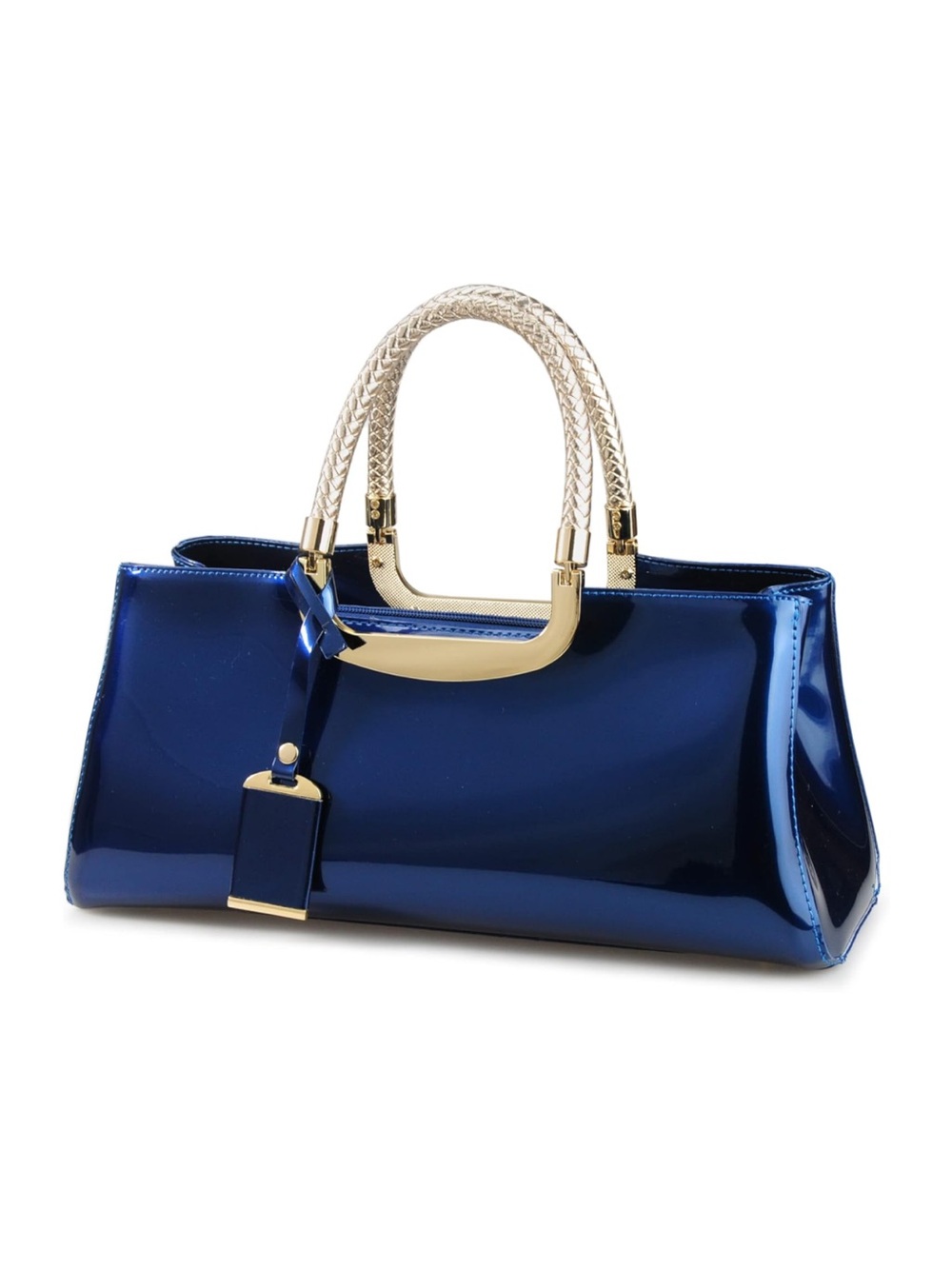 Women's Metallic Blue Patent Tote Bag with Gold Accents
